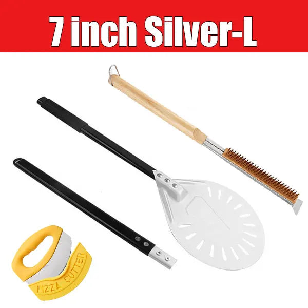 3-Pc Pizza Peel Set – Long Handle, Oven Brush & Wheel Cutter Pizza Peel Set Axl 7 inch Silver Set-L