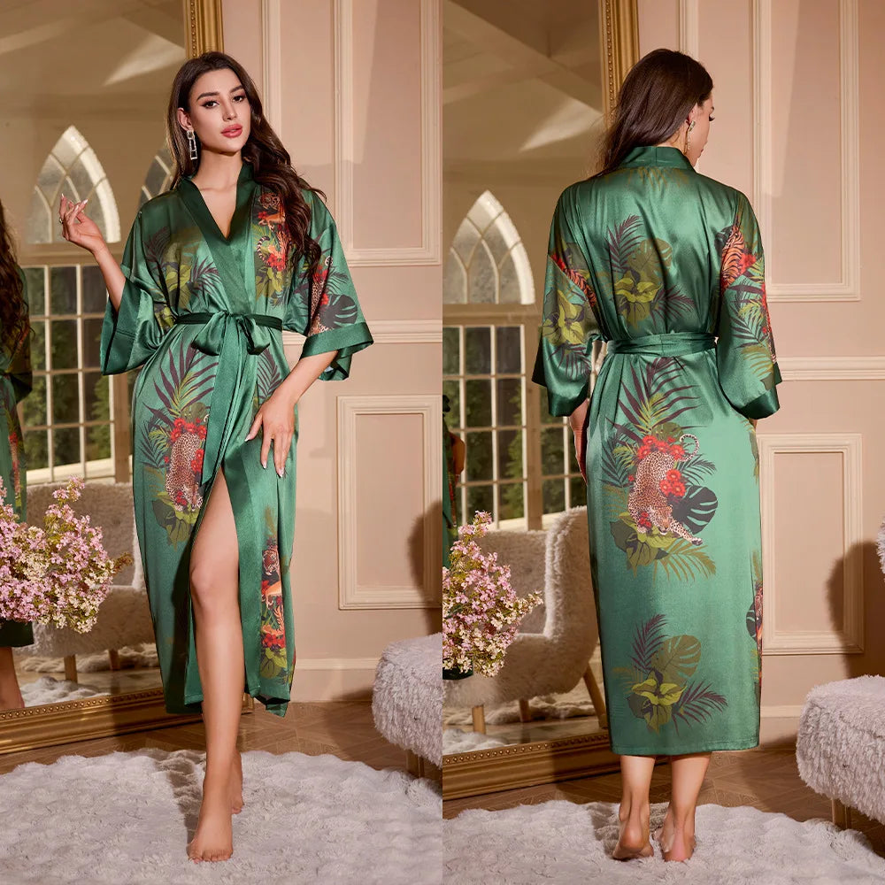 Women's Printed Kimono Robe – Long Loose Loungewear Nightgown Kimono Loungewear Robe Axl 11 One Size