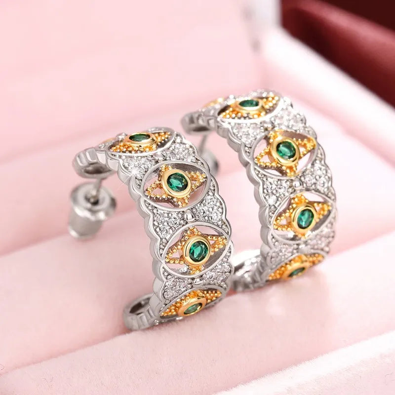 Huitan Two-Tone Hoop Earrings – Green & White Cubic Zirconia Hoop Earrings Axl