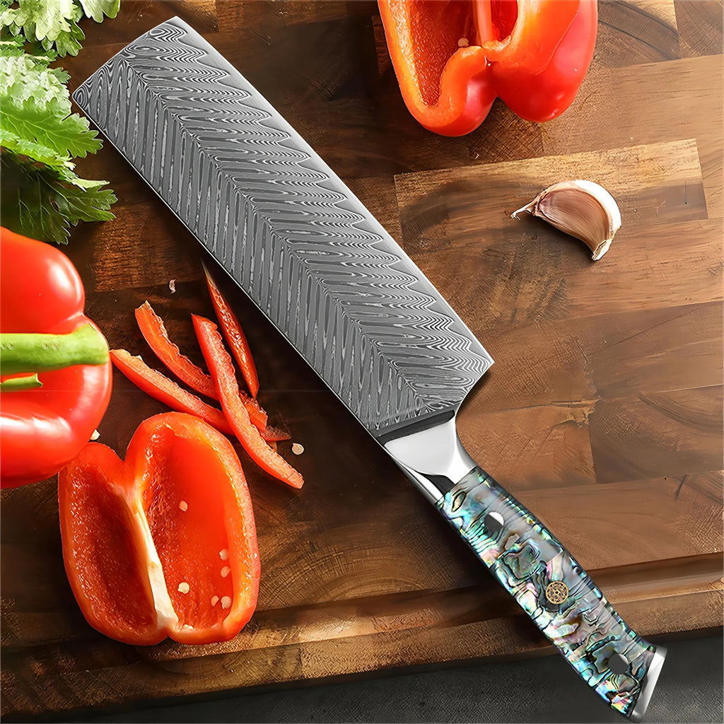 Nakiri Knife 67-Layer Damascus Steel & Abalone Shell Handle Damascus Nakiri Knife Axl