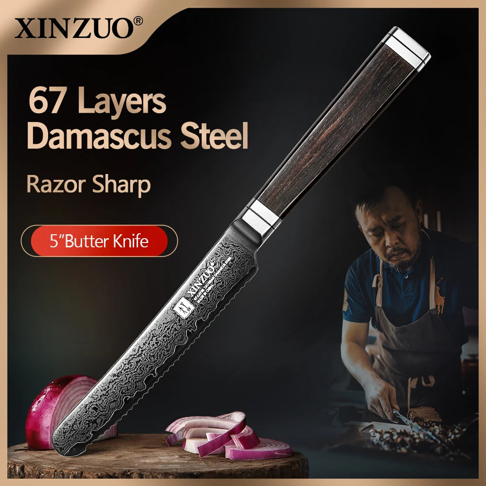 XINZUO 5" 67-Layer Damascus Steel Butter Knife – Ebony Handle Damascus Kitchen Knife Axl Default Title