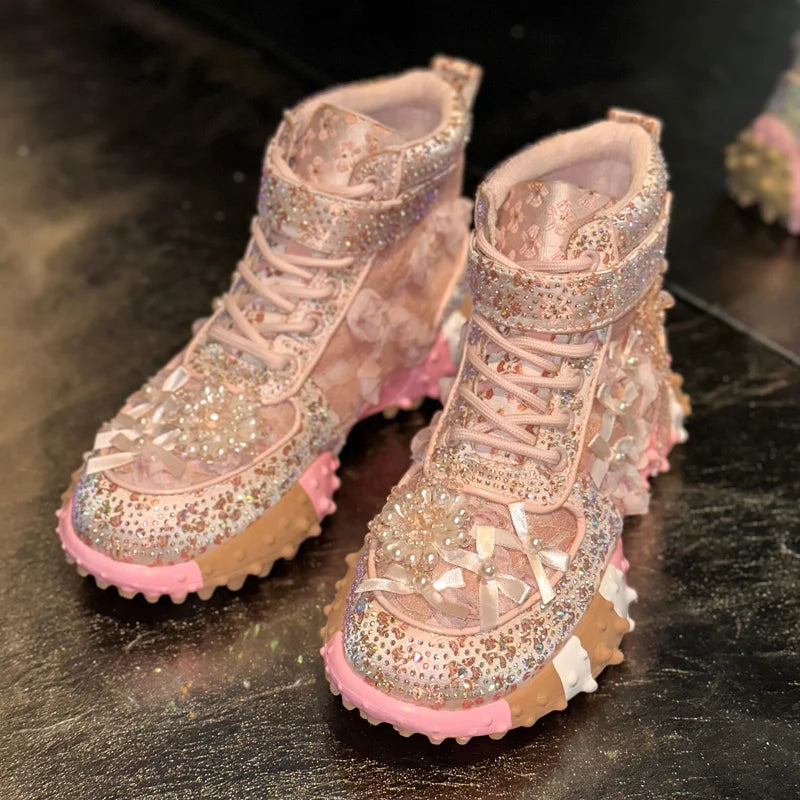 Women's Rhinestone Platform Sneakers | Thick Sole Mesh Shoes Platform Sneakers Axl