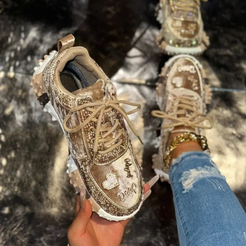 Women's Crystal Suede Sneakers – Thick Non-Slip Sole Women's Casual Sneakers Axl