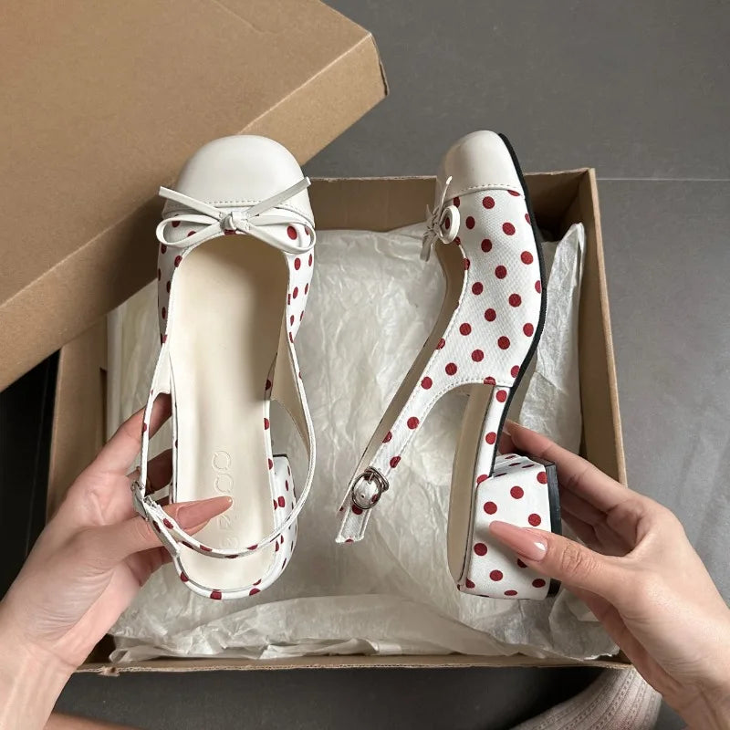 Women's Polka Dot Square Heel Slingback Sandals | Elegant Party Women's Heeled Sandals Axl Red 38