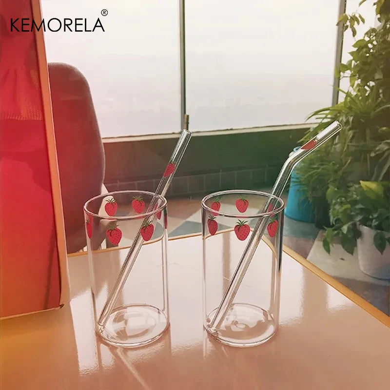 KEMORELA 300ml Cute Glass Cup – Strawberry Orange Design Glass Drinkware Cup Axl