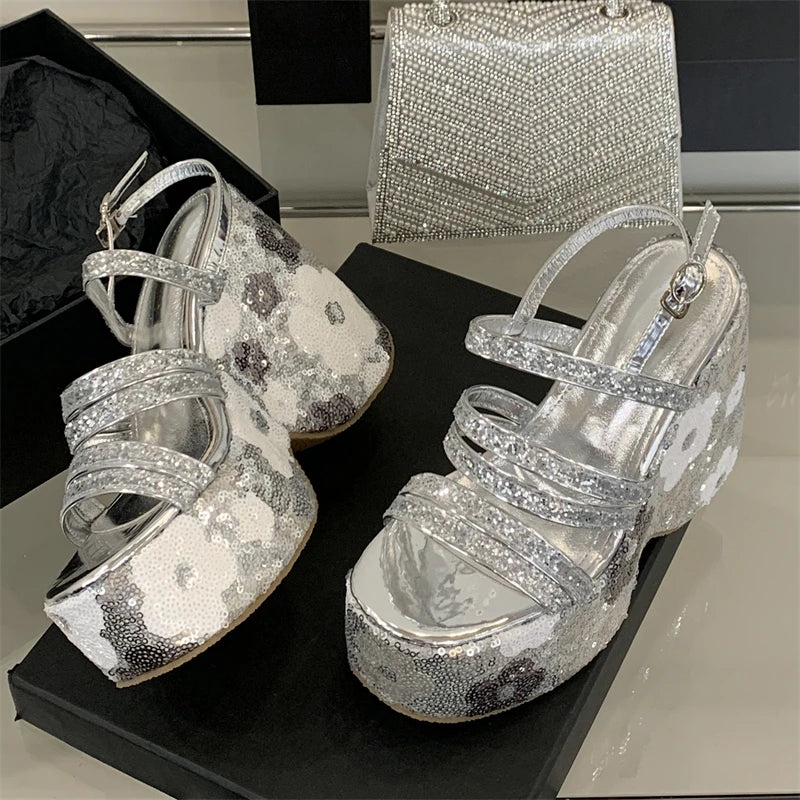 Women's Sequin Platform Wedge Sandals – High Heel Gladiator Platform Wedge Sandals Axl Silver 38