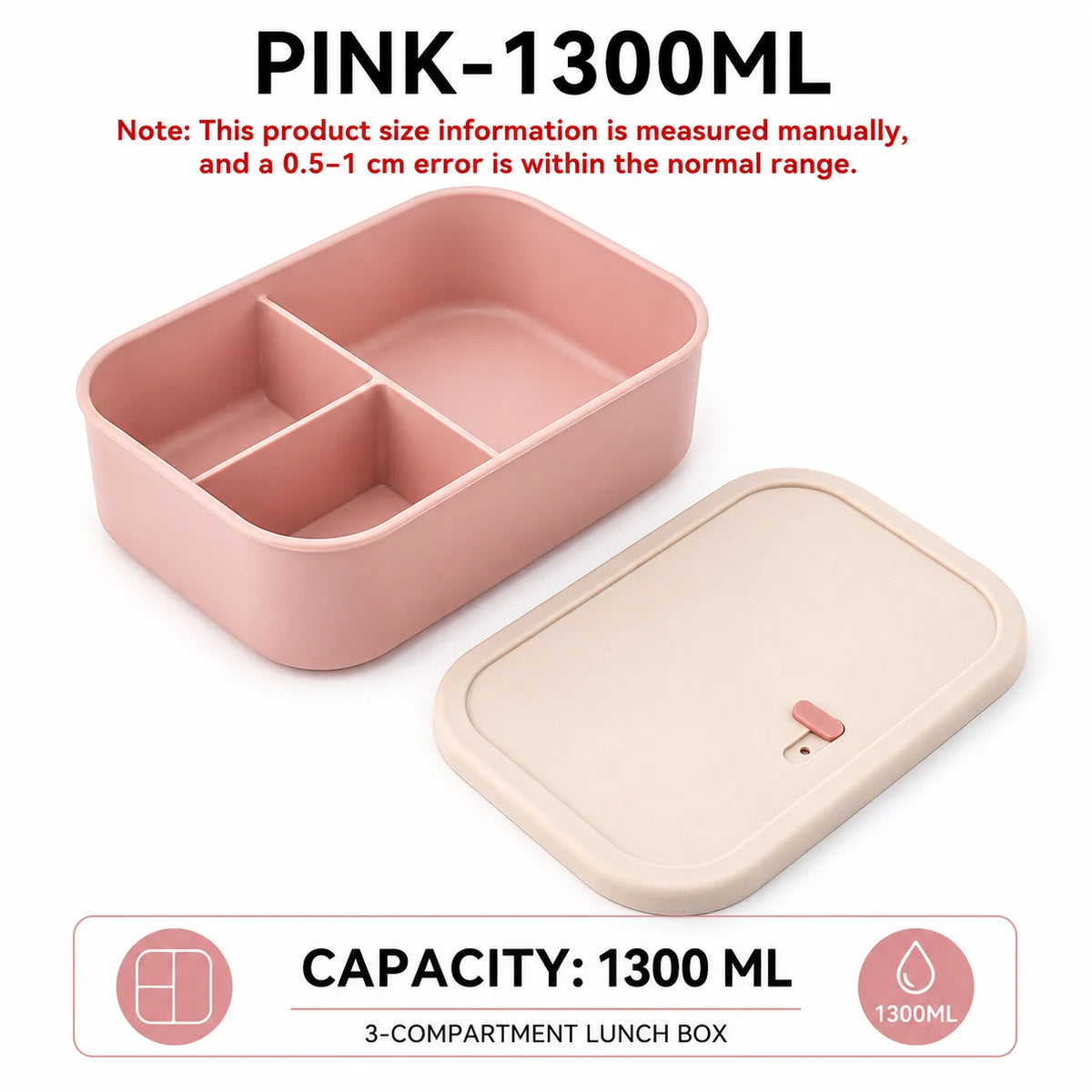 UWHISE Silicone Bento Box 3-Compartment Microwave Safe Lunch Box Silicone Lunch Box Axl Pink-1300ml