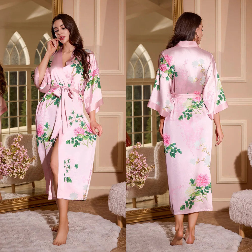 Women's Printed Kimono Robe – Long Loose Loungewear Nightgown