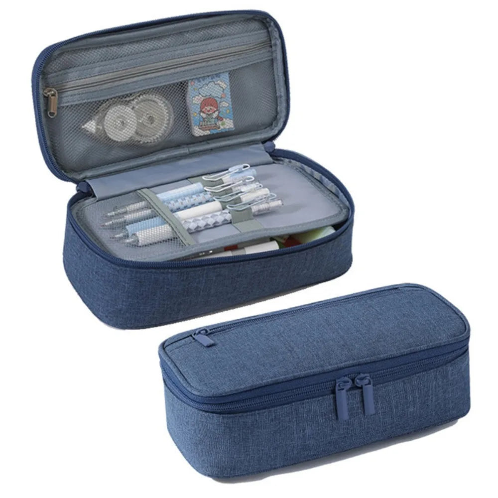 Large Capacity 2-Layer Zipper Pencil Case – Washable Pen Bag Pencil Case Axl Dark Blue