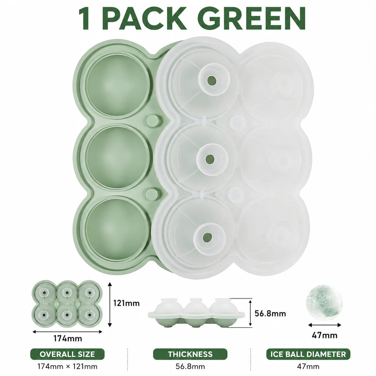 6-Sphere Silicone Ice Ball Maker Tray with Funnel Lid | Bar Silicone Ice Ball Tray Axl 1 Pack Green