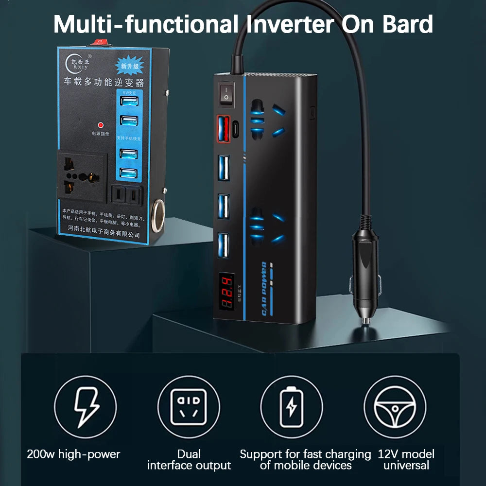 200W Car Power Inverter DC 12V/24V to AC 110V/220V 8-Port Car Power Inverter Axl