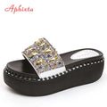 Women's Crystal Rhinestone Wedge Slides – Platform Beach Sandals Wedge Slide Sandals Axl Silver - Gemstone 35