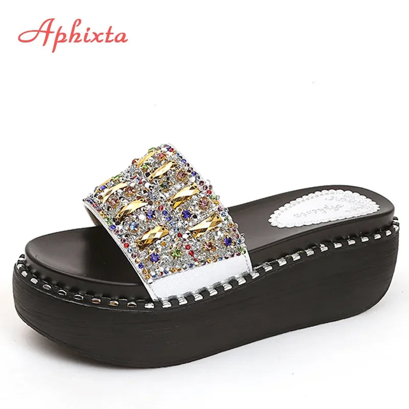 Women's Crystal Rhinestone Wedge Slides – Platform Beach Sandals Wedge Slide Sandals Axl Silver - Gemstone 35