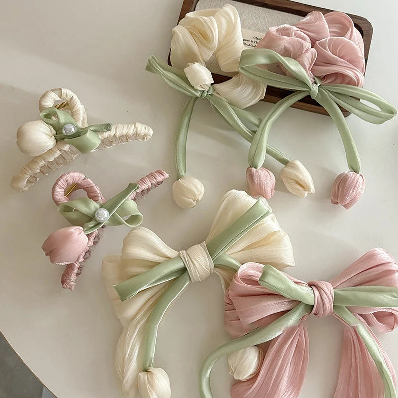 Sweet Tulip Bowknot Hair Clip with Tassels for Women & Girls Hair Clip Axl