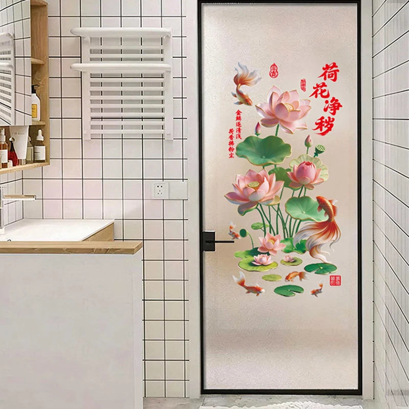 3D Koi & Golden Lotus Glass Door Sticker | Chinese PVC Decal Glass Door Decal Axl