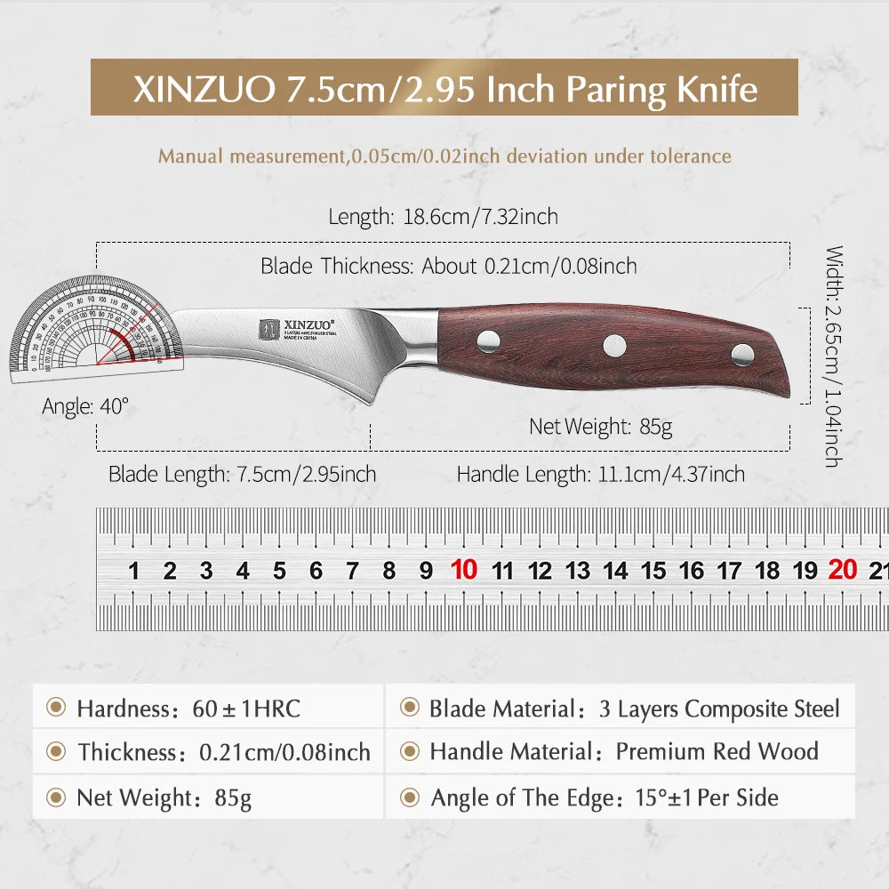 XINZUO 3" Paring Knife 440C Steel Core Red Wood Handle Paring Knife Axl