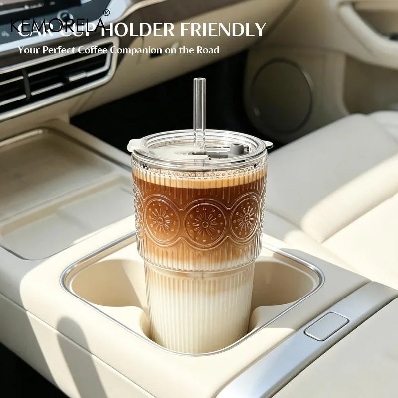 Ribbed & Floral Glass Cup with Lid & Straw 590ml | 1 or 2 Pack Glass Tumbler Set Axl