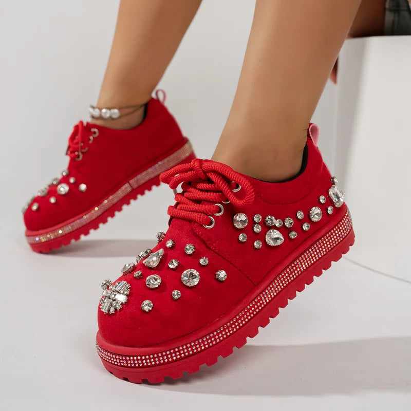 Women's Rhinestone Platform Sneakers | Crystal Suede Shoes Platform Sneakers Axl