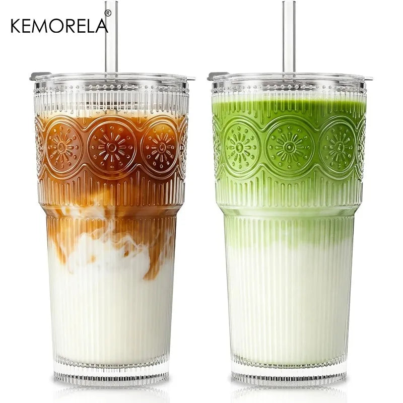Ribbed & Floral Glass Cup with Lid & Straw 590ml | 1 or 2 Pack Glass Tumbler Set Axl 2PCS 590ML