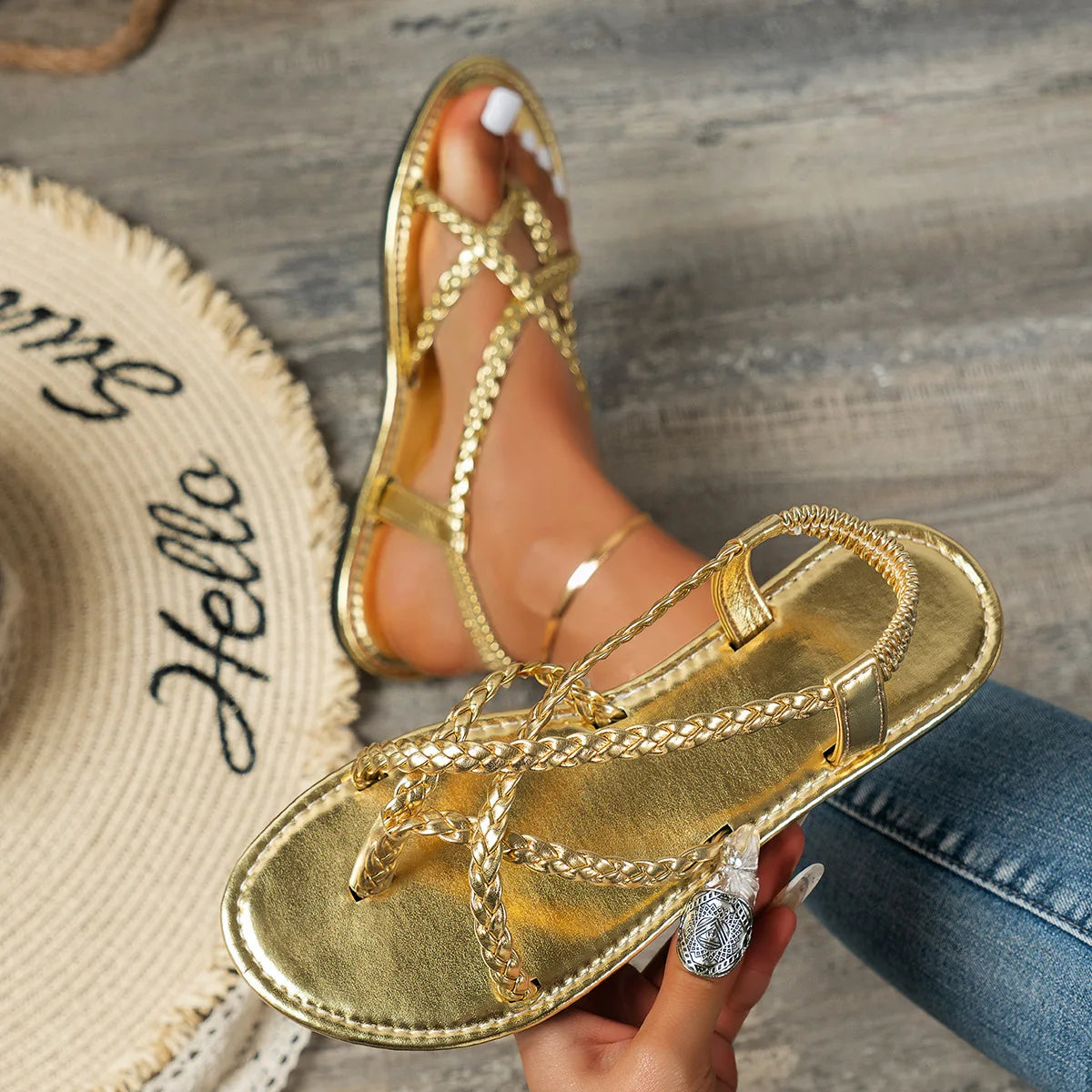 Women's Woven Hollow Flat Sandals – Clip Toe Beach Slides Women's Flat Sandals Axl
