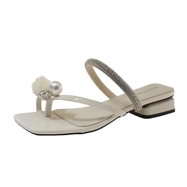 Women's Rhinestone Chunky Heel Sandals – Floral Square Toe Chunky Heel Sandals Axl Beige 40