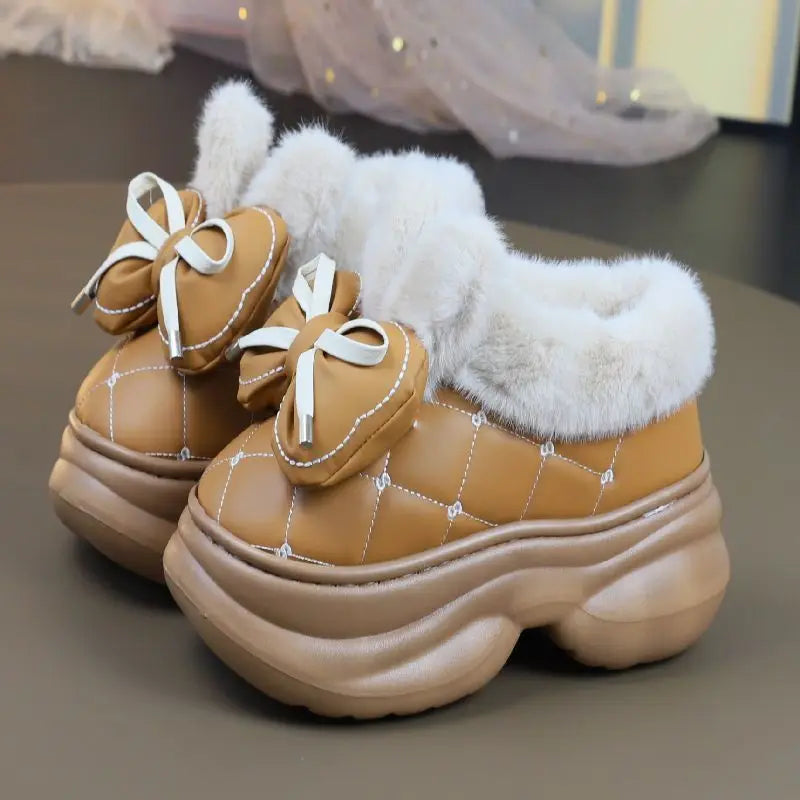 Lorilury Women's Fluffy High Heel Slippers – Bow-Tie Plush Indoor Plush Indoor Slippers Axl Brown loafer 40-41