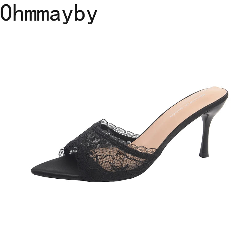 Women's Lace High Heel Mules – Open Toe Slip-On Party Slides High Heel Mules Axl