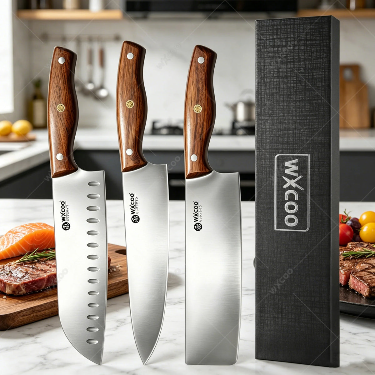 WXCOO Japanese Santoku Knife Set – 5-Piece Stainless Steel Kitchen Knife Set Axl 3PCS