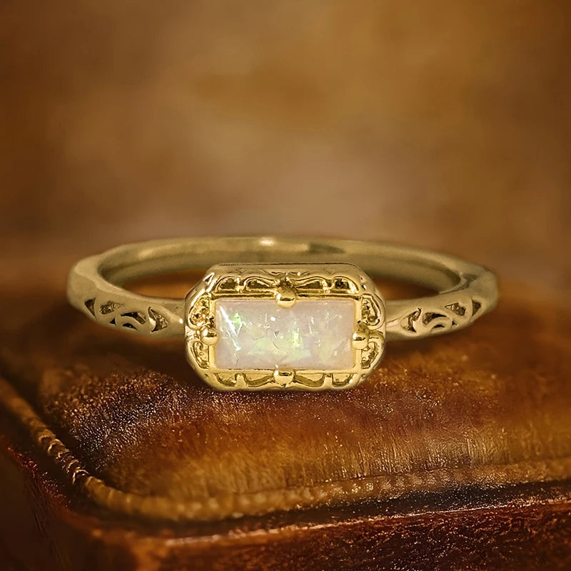 Huitan Vintage Imitation Opal Rectangular Ring for Women Fashion Ring Axl