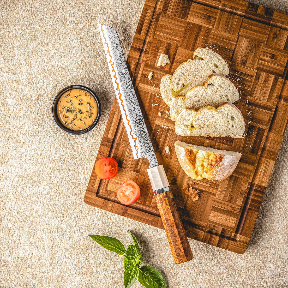 Grandsharp 8" Damascus Bread Knife – 55-Layer Serrated Steel Damascus Bread Knife Axl