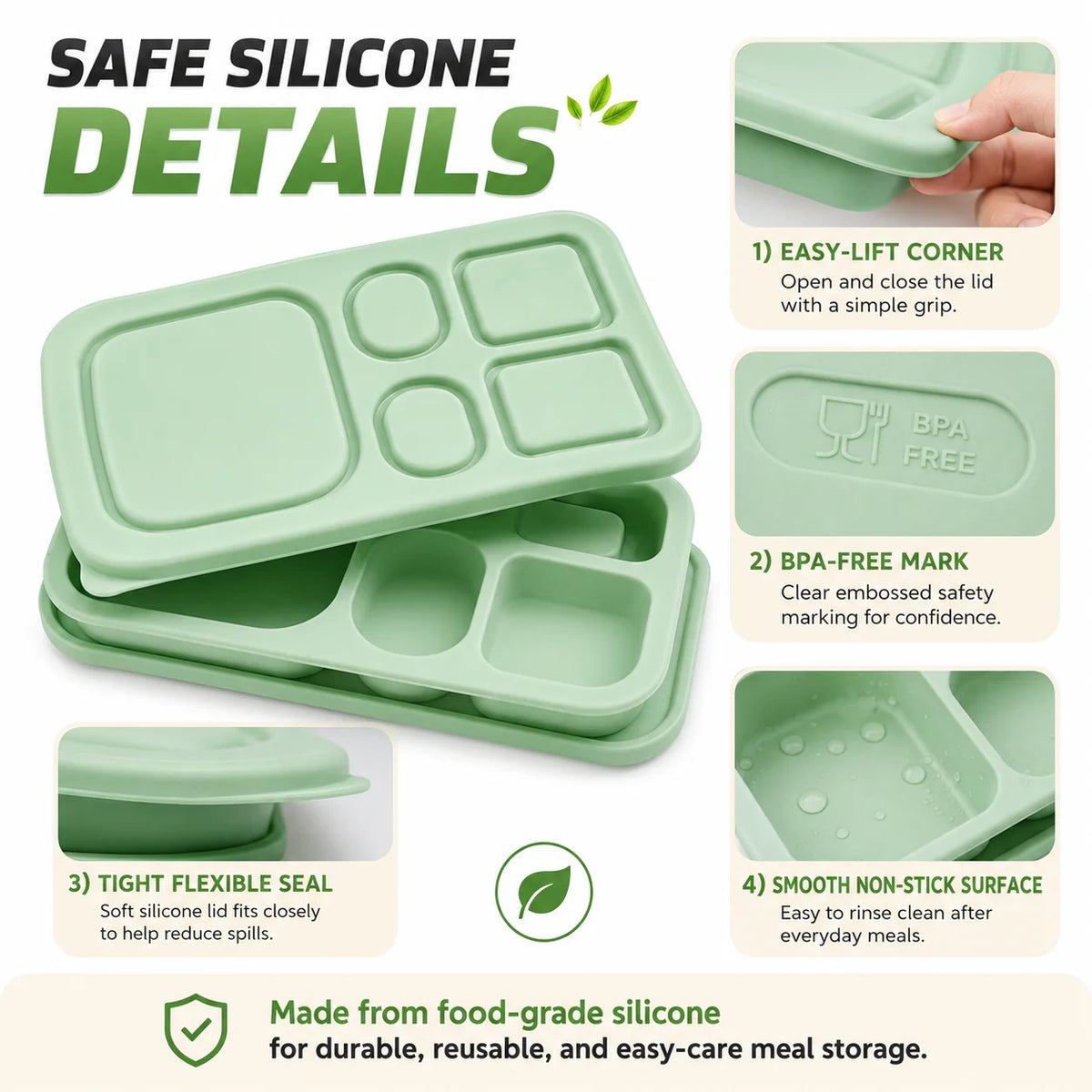 Silicone Bento Lunch Box – 5-Compartment Food Container Bento Lunch Box Axl