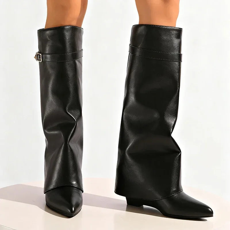 Women's Black Knee High Wedge Boots – Pointed Toe Punk Style Knee High Boots Axl