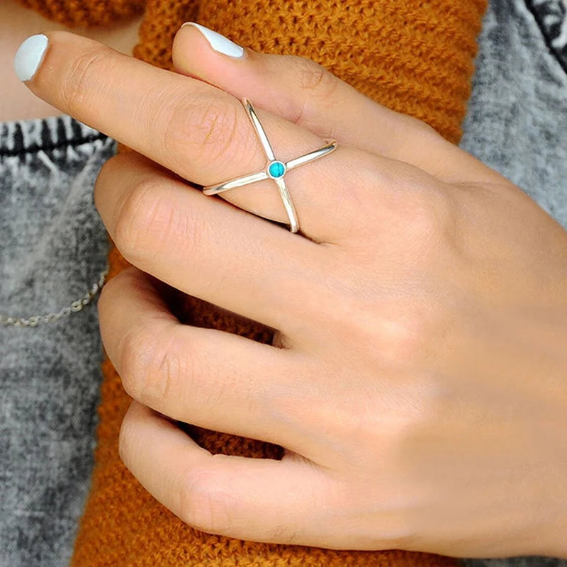 Huitan Bohemian Cross Ring – Blue Imitation Turquoise Women Fashion Ring Axl