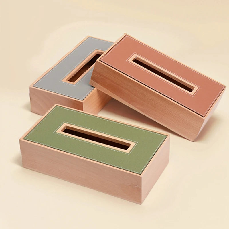 Luxury Wooden & Leather Tissue Box – Beech Desktop Organizer Tissue Box Organizer Axl