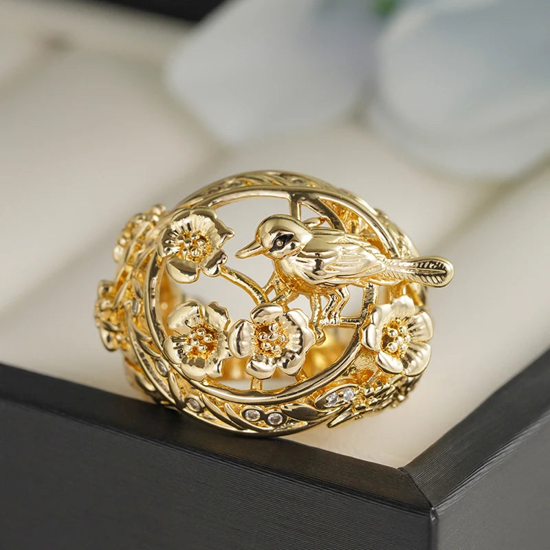 Huitan Gold Hollow Flower Bird Ring – Women's Fashion Jewelry Fashion Ring Axl