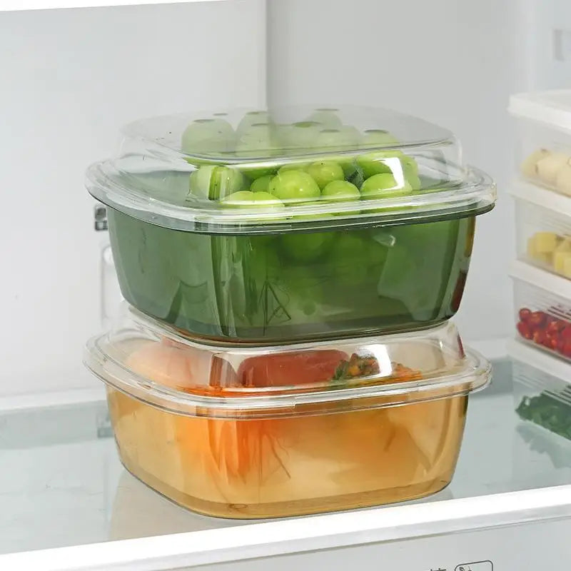 Double Layer Bamboo Fridge Storage Box with Drain Basket & Lid Food Storage Container Axl