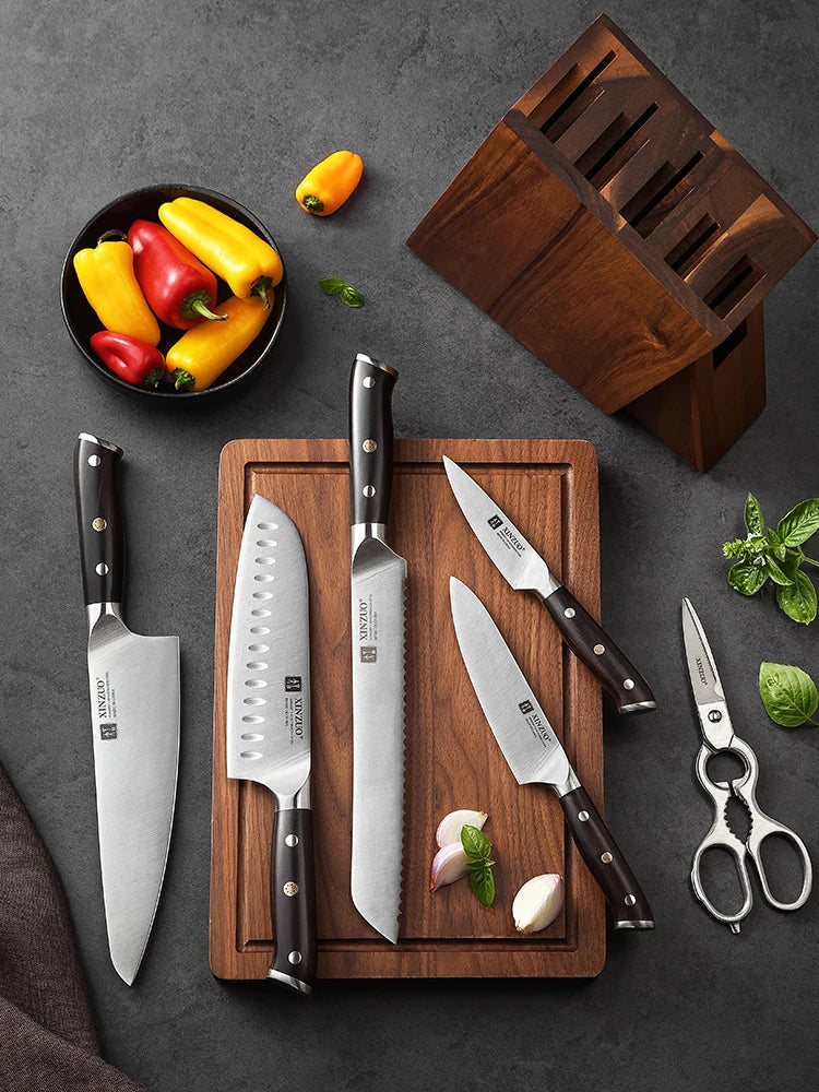 XINZUO 7-Piece Kitchen Knife Set with Acacia Block | DIN 1.4116 Kitchen Knife Set Axl