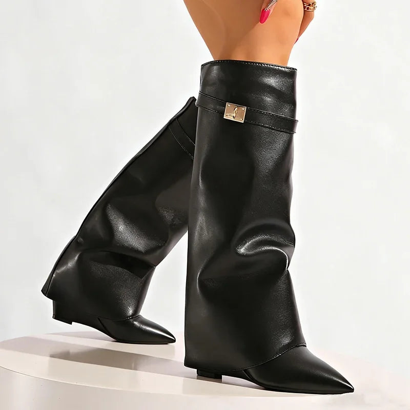 Women's Black Knee High Wedge Boots – Pointed Toe Punk Style Knee High Boots Axl