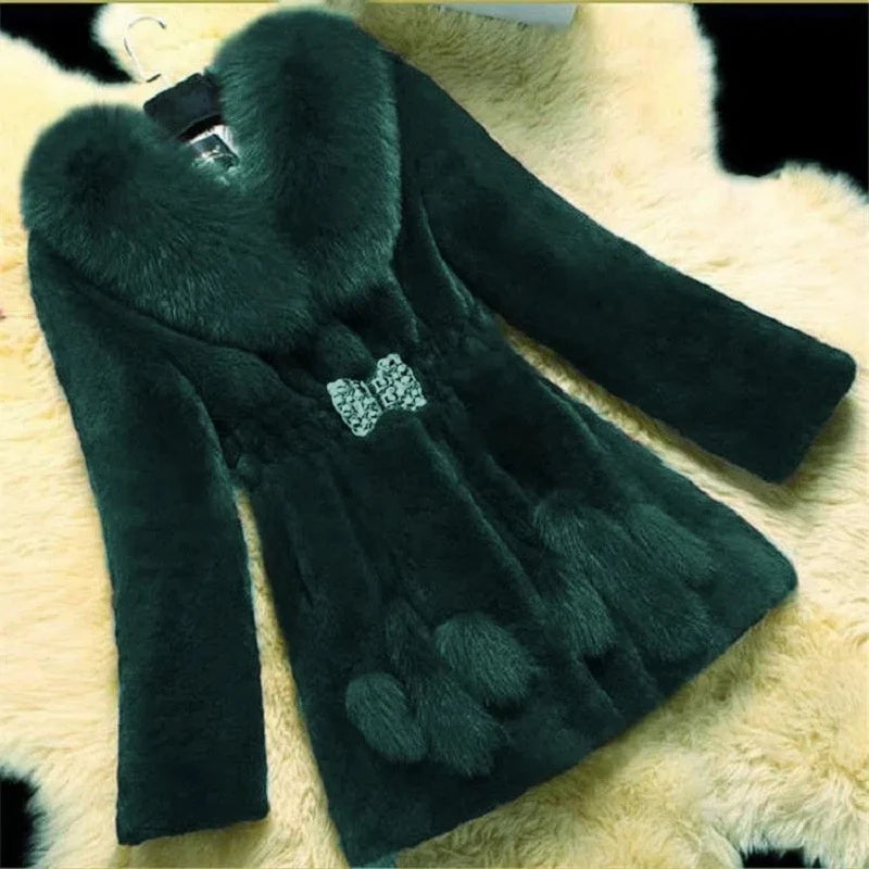 Women's Faux Fur Coat – Mid-Length Slim Winter Overcoat Faux Fur Coat Axl Green 4XL