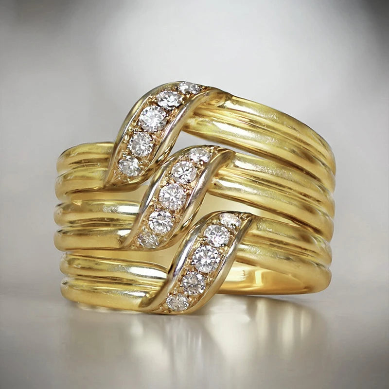 Huitan Gold Wide Band CZ Statement Ring for Women Fashion Statement Ring Axl