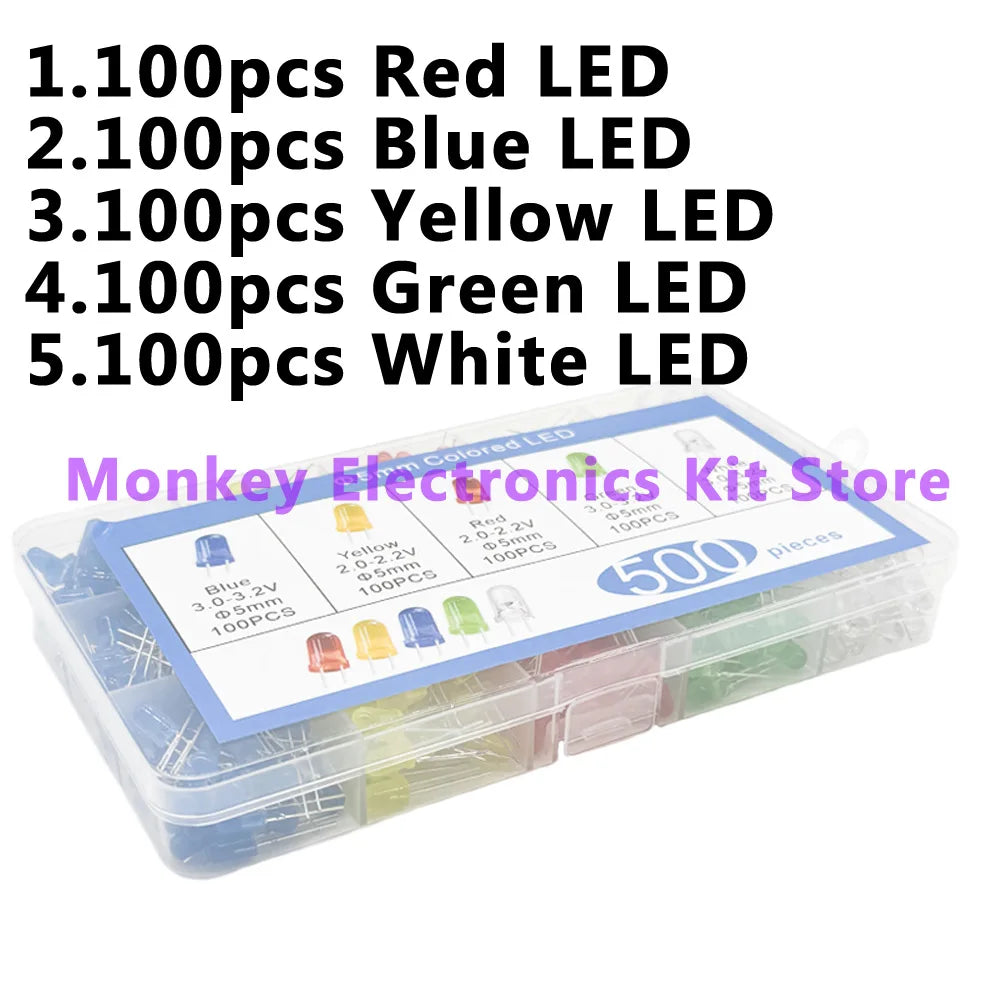 500 PCS 5mm LED Assortment Kit – 5 Colors Red Yellow Blue White LED Component Kit Axl