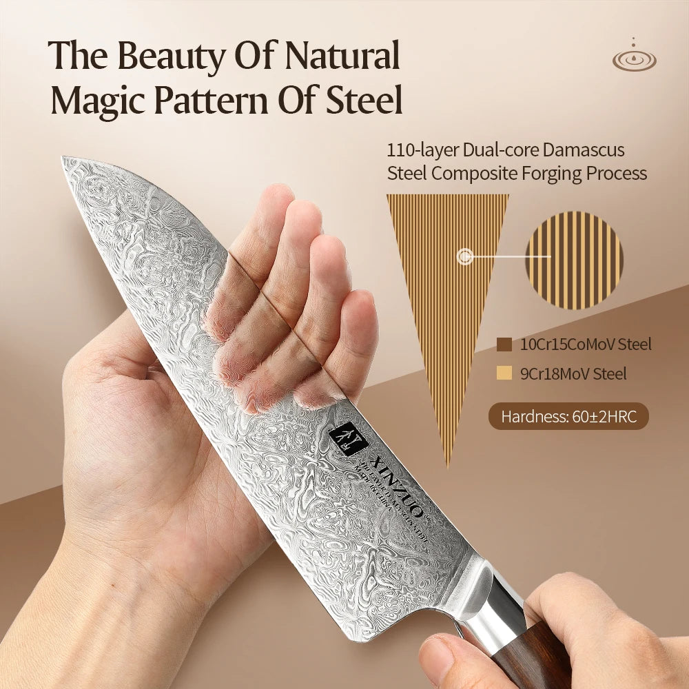 XINZUO 3-Piece Damascus Steel Kitchen Knife Set – Chef Santoku Kitchen Knife Set Axl