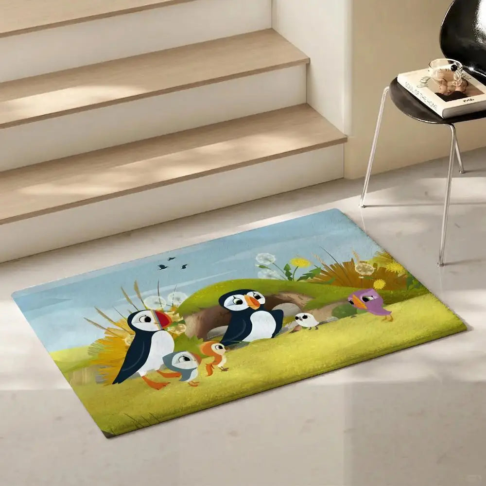 Kids Cartoon Puffin Flannel Floor Rug – Soft Non-Slip Indoor Mat Kids Floor Rug Axl
