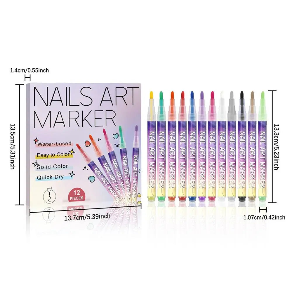 12-Piece 3D Nail Art Pens – Waterproof Nail Markers Set Nail Art Pen Set Axl 12pcs