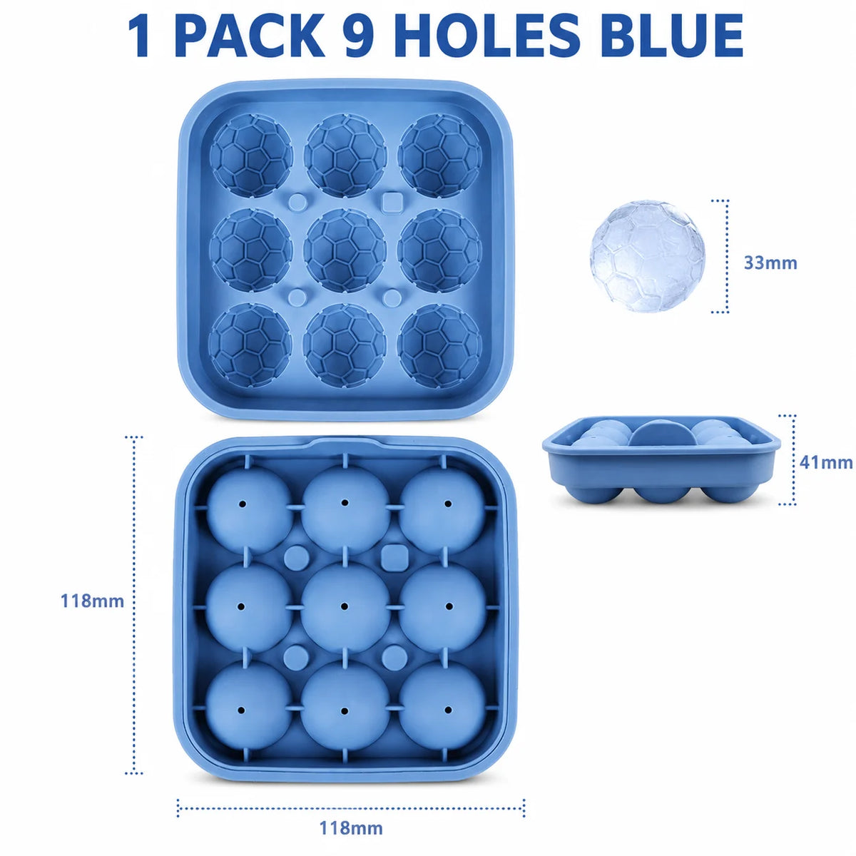 3D Soccer Ball Silicone Ice Mold – 9-Cavity Football Sphere Tray Silicone Ice Mold Axl 1 PACK 9 Holes Blue