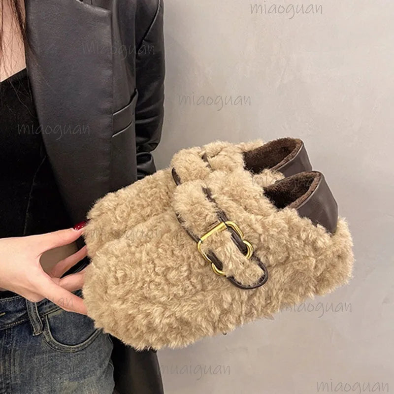 Women's Furry Slip-On Loafers | Plush Lined Warm Flat Shoes Slip-On Flat Shoes Axl