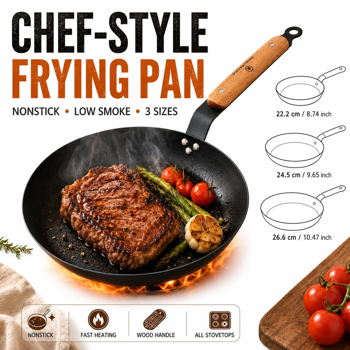 Nonstick Carbon Steel Skillet with Wooden Handle | All Stovetops Nonstick Frying Pan Axl