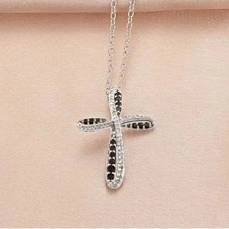 Huitan Cross Pendant Necklace – Black & White Cubic Zirconia Pendant Necklace Axl XL1115 45cm