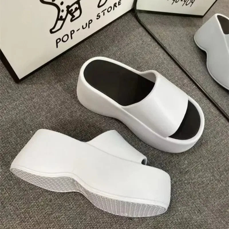 Women's 8cm Chunky Platform Slide Sandals – White Wedge Slippers Platform Slide Sandals Axl