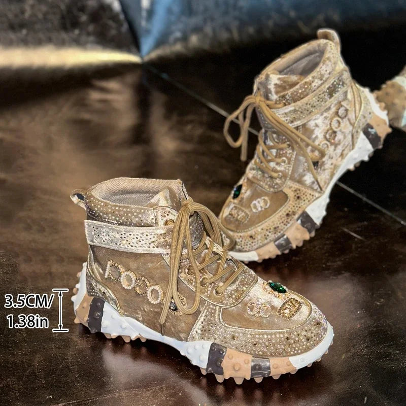 Women's Rhinestone High-Top Sneaker Boots | Thick Sole Lace-Up High-Top Sneaker Boots Axl Khaki 36